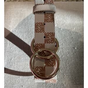 Steve Madden Logo Belt Double Ring Buckle‎ Creme Tan Gold Faux Leather LARGE